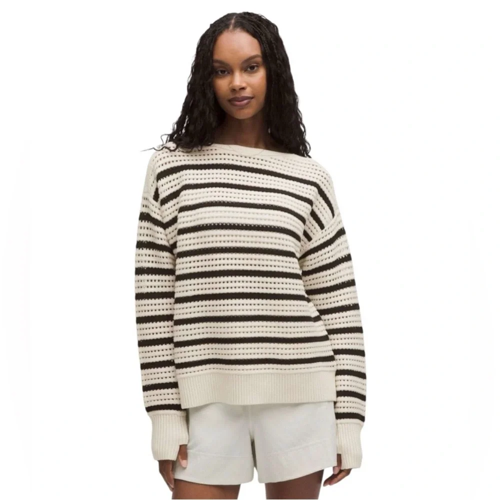 Lululemon Cotton Crochet Pullover Sweater Light Ivory Black $128